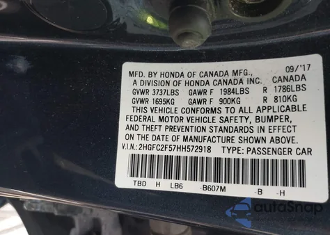 2017 Honda Civic Lx z USA, uszkodzony, nr VIN 2HGFC2F57HH572918